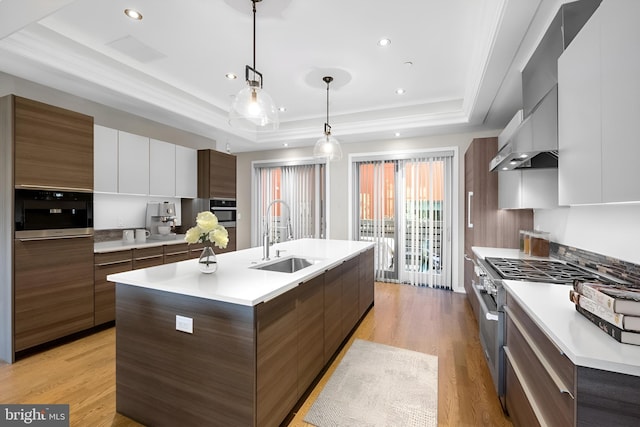 kitchen with an island with sink, a raised ceiling, sink, decorative light fixtures, and white cabinetry