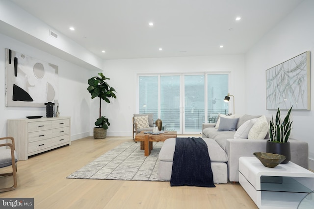 living room with light hardwood / wood-style flooring