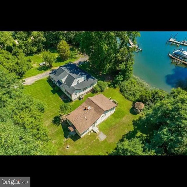 drone / aerial view with a water view