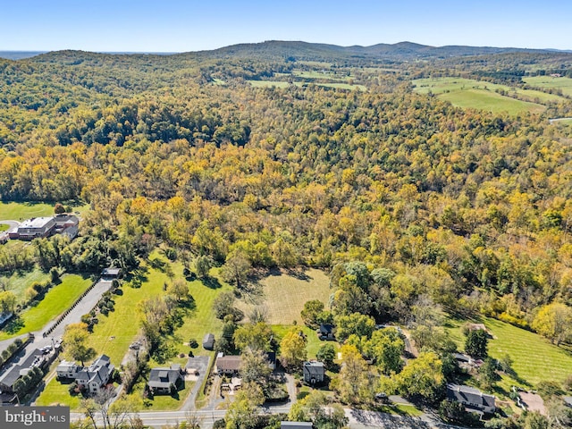 birds eye view of property with a forest view and a mountain view