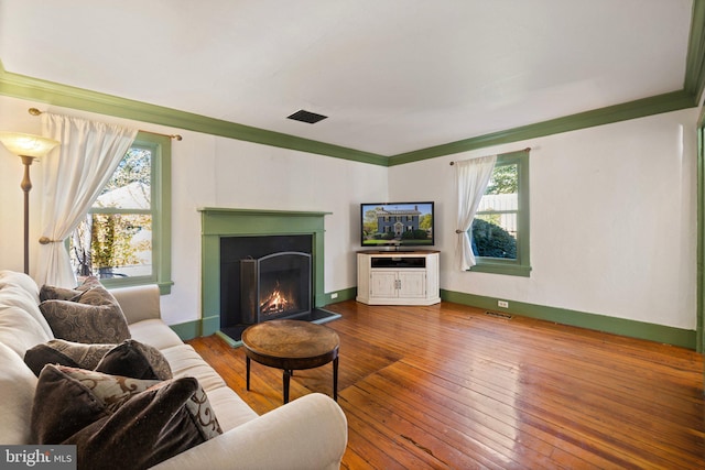 living room with a lit fireplace, crown molding, a wealth of natural light, and wood-type flooring