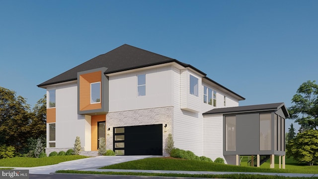 contemporary house featuring concrete driveway, a garage, stone siding, and a front lawn