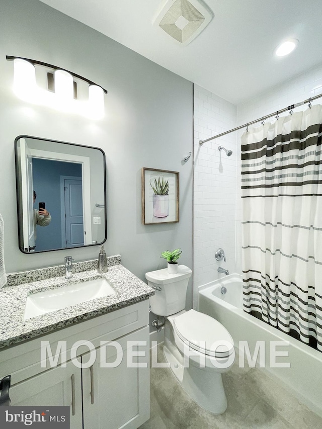 bathroom featuring visible vents, shower / bath combination with curtain, toilet, recessed lighting, and vanity