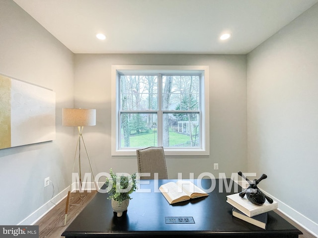 home office featuring baseboards, recessed lighting, and wood finished floors