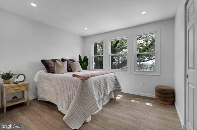 bedroom with light hardwood / wood-style flooring and a closet