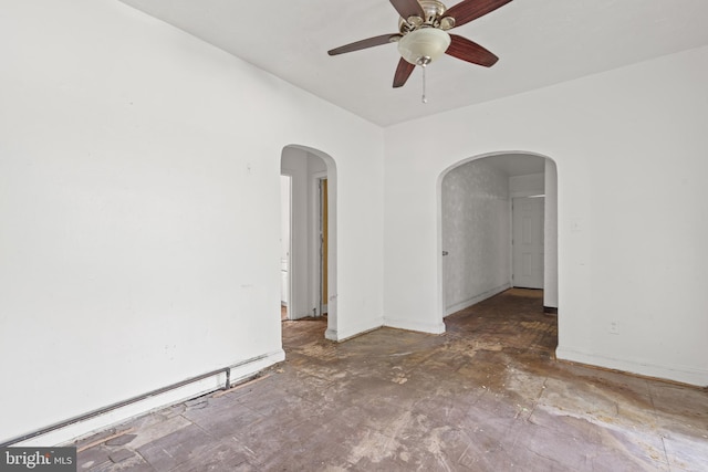 unfurnished room with ceiling fan and a baseboard radiator