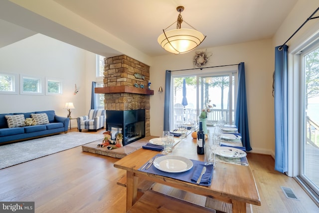 living room featuring a stone fireplace, light hardwood / wood-style flooring, and plenty of natural light