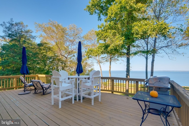 wooden deck with a water view