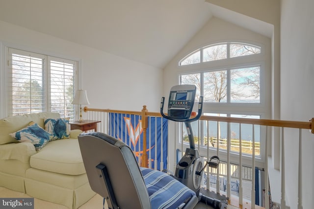 exercise area with a water view, lofted ceiling, and a healthy amount of sunlight