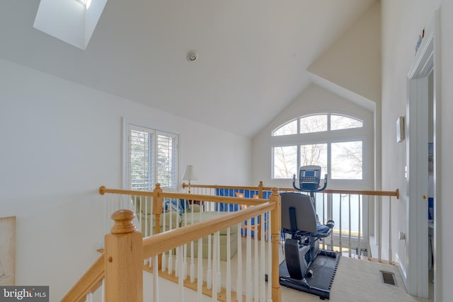 workout room with carpet floors, a skylight, and high vaulted ceiling