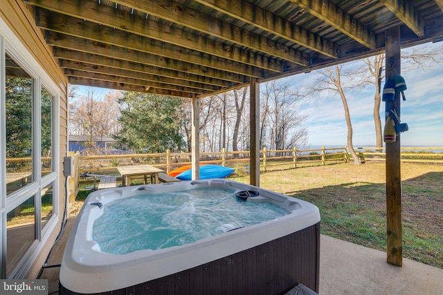 view of patio featuring a hot tub