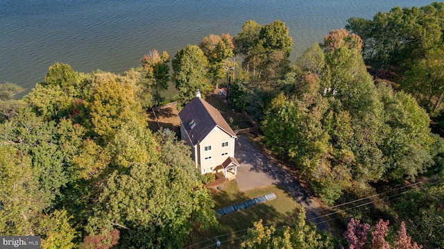 drone / aerial view featuring a water view