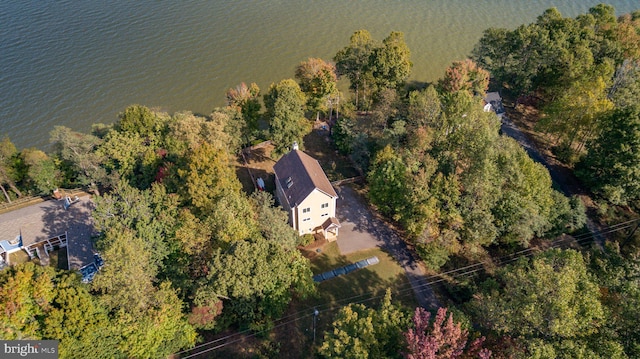 drone / aerial view featuring a water view