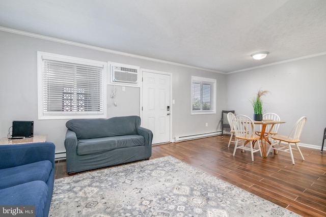 living room with a wall unit AC, ornamental molding, hardwood / wood-style flooring, and a baseboard radiator