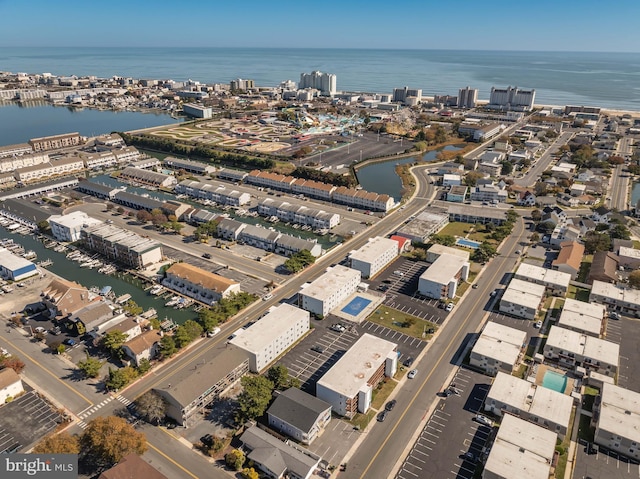 bird's eye view with a water view