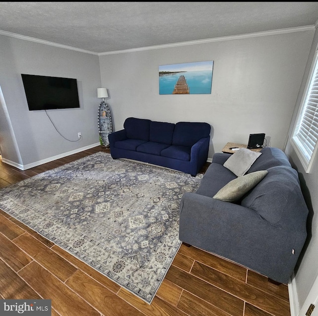 living room featuring crown molding, a textured ceiling, and dark hardwood / wood-style flooring