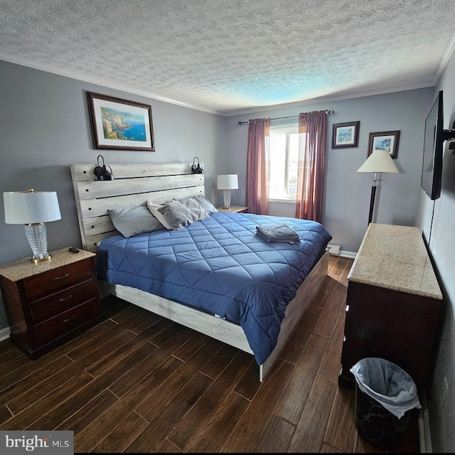 bedroom featuring ornamental molding, a textured ceiling, and dark hardwood / wood-style flooring