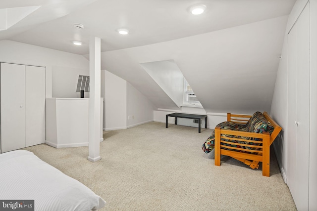 carpeted bedroom featuring vaulted ceiling and a closet