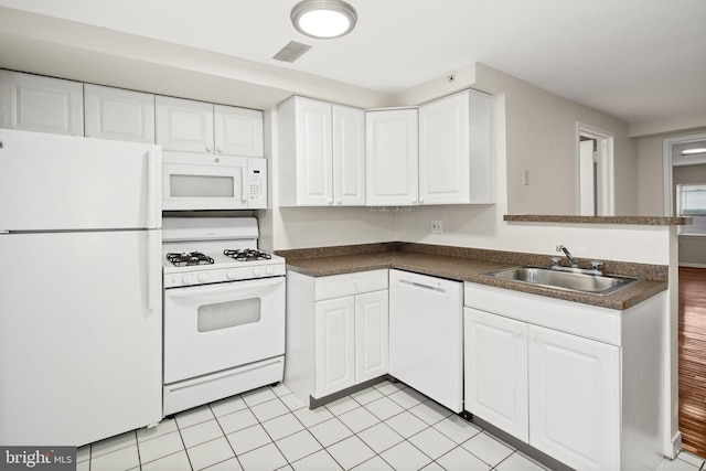 kitchen with sink, white cabinets, kitchen peninsula, and white appliances