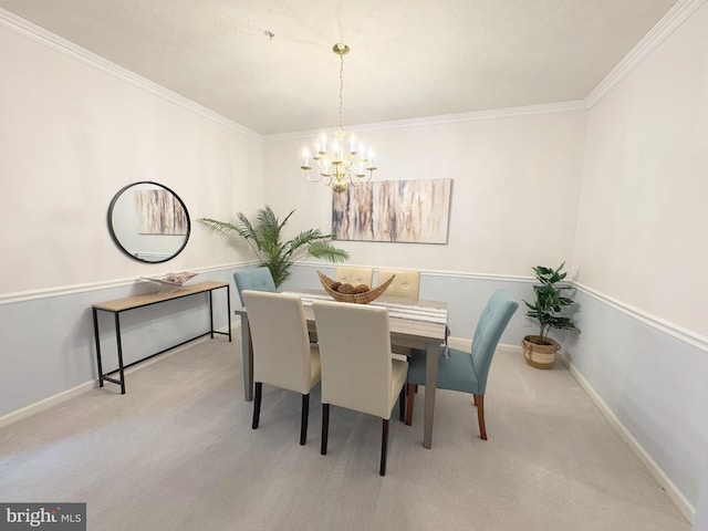 carpeted dining room with an inviting chandelier and ornamental molding