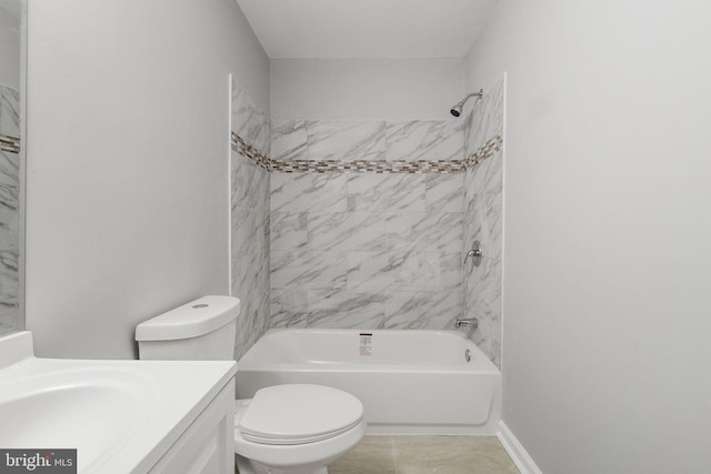 full bathroom with vanity, tiled shower / bath, toilet, and tile patterned floors