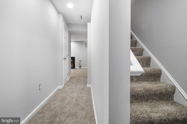 stairs with baseboards and carpet flooring