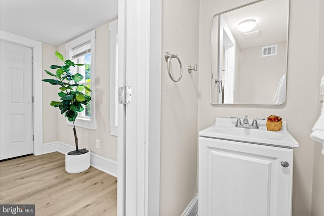 bathroom with vanity and wood-type flooring