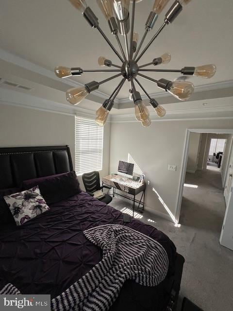 carpeted bedroom with crown molding