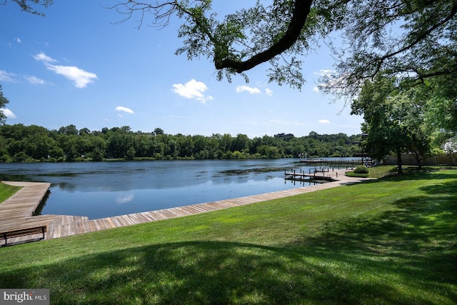 dock area featuring a water view and a lawn