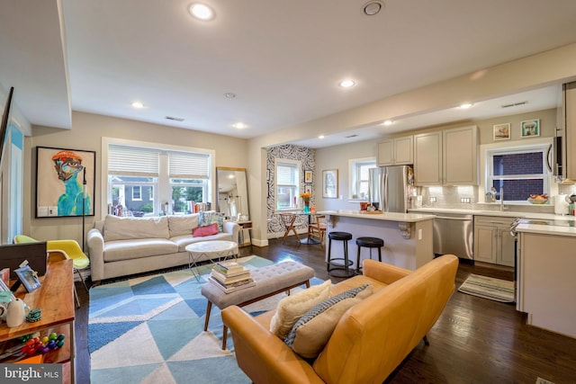 living room featuring dark wood-type flooring