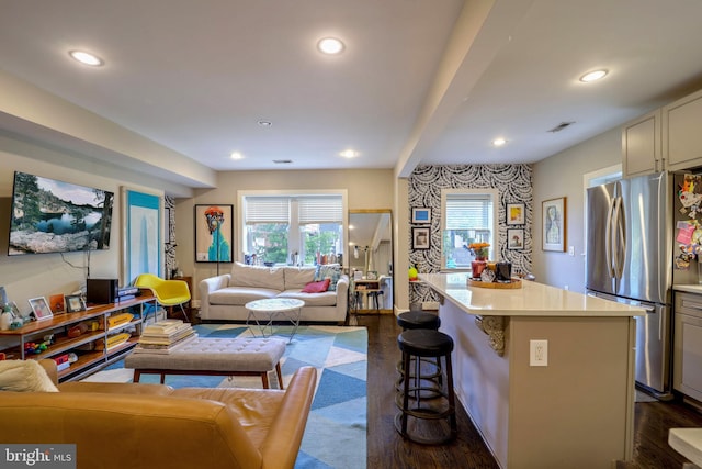 living room with dark hardwood / wood-style floors