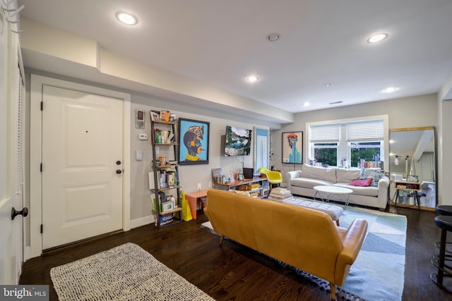 living room featuring dark wood-type flooring