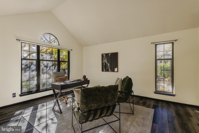 dining area with high vaulted ceiling and dark hardwood / wood-style flooring