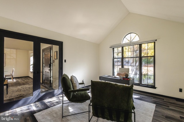 dining room with french doors, dark hardwood / wood-style floors, and high vaulted ceiling