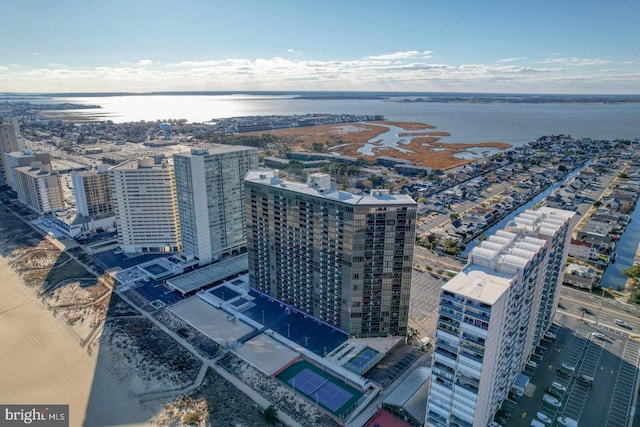 drone / aerial view with a water view