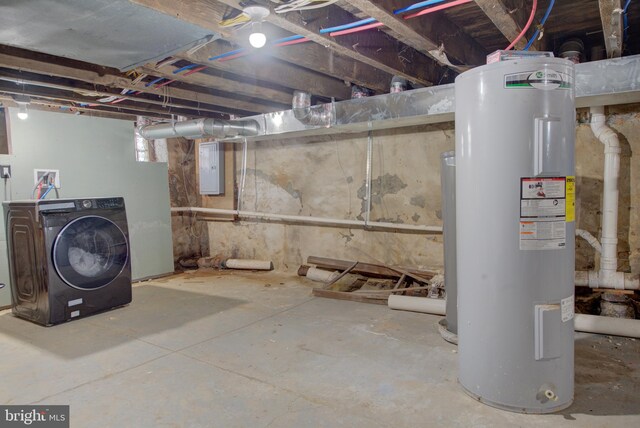 basement with washer / clothes dryer, electric water heater, and electric panel