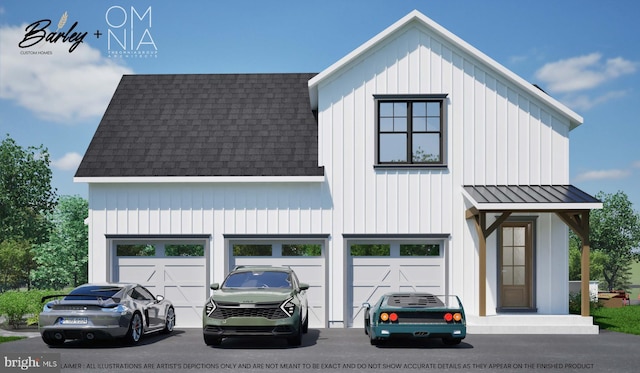 modern inspired farmhouse featuring a garage