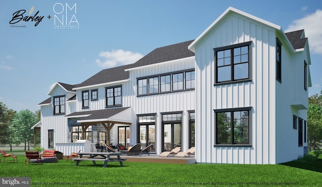 back of house featuring board and batten siding, a lawn, and a shingled roof
