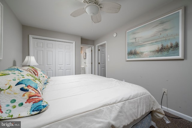 bedroom featuring carpet floors, a closet, and ceiling fan