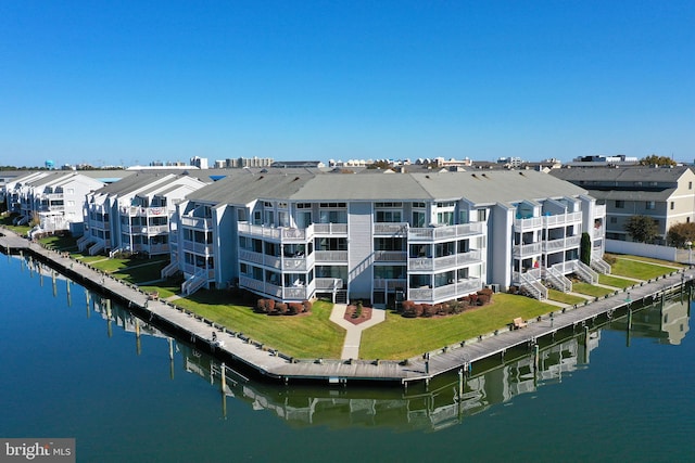 view of building exterior with a water view