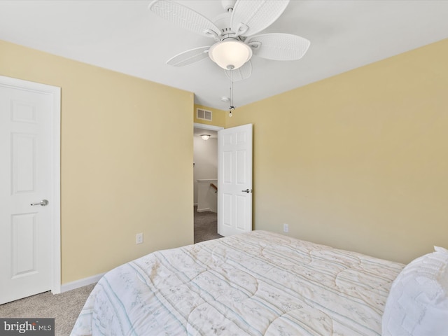 carpeted bedroom featuring ceiling fan