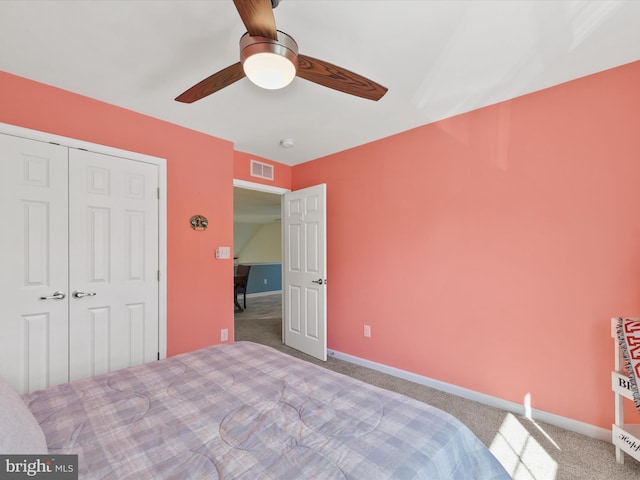 bedroom featuring a closet, carpet, and ceiling fan