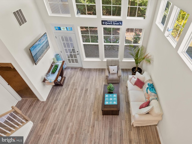 living room featuring a towering ceiling and light hardwood / wood-style floors