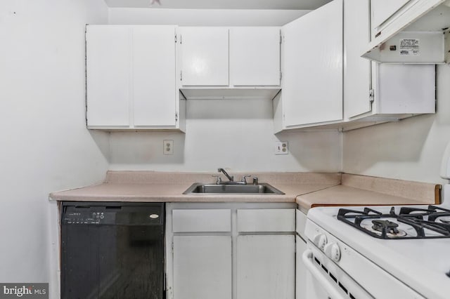 kitchen featuring white cabinets, black dishwasher, sink, and white gas range