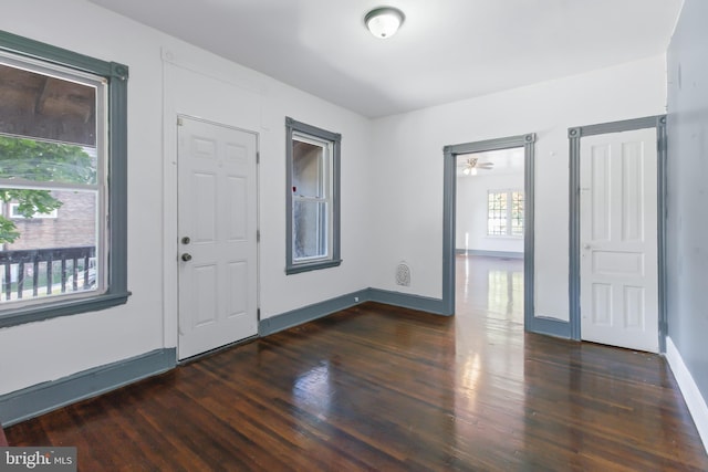 foyer featuring ceiling fan and dark hardwood / wood-style flooring