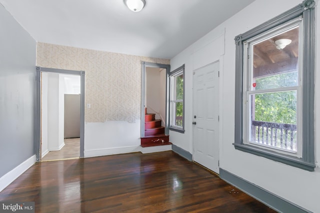 foyer featuring plenty of natural light and dark hardwood / wood-style flooring