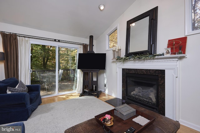 living room with hardwood / wood-style floors and lofted ceiling