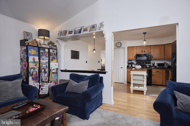 living room with light wood-type flooring and vaulted ceiling