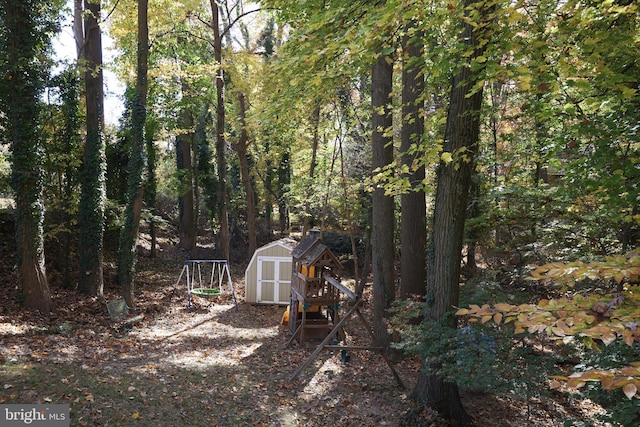 view of yard featuring a storage shed