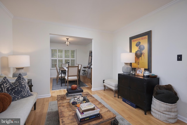 living room with crown molding and light hardwood / wood-style flooring